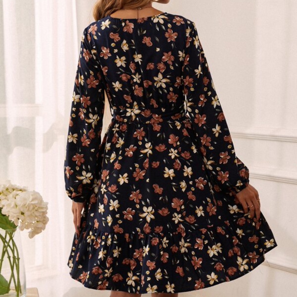 Boho Floral Print belted long sleeve Ruffle hem Mini Dress - Picture 4 of 6